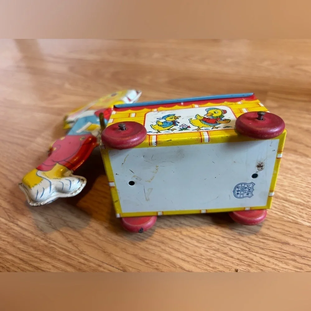 Vintage Tin Easter J Chein Tin Litho Easter Bunny- Wooden Wheels